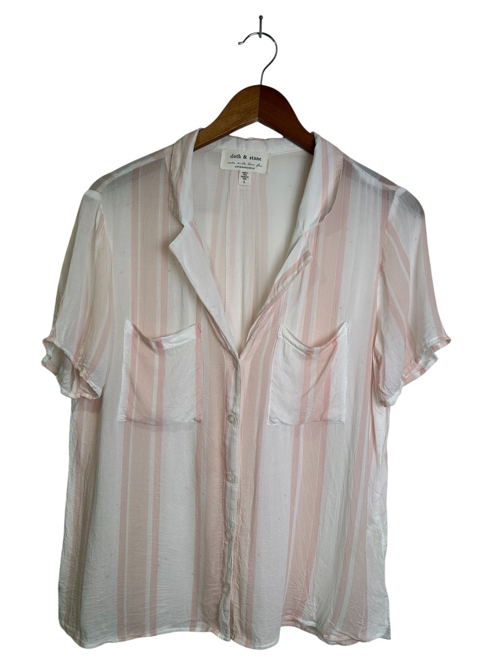 Anthropologie L Cloth & Stone Pink & White Sheer Striped Short Sleeve Button-Up